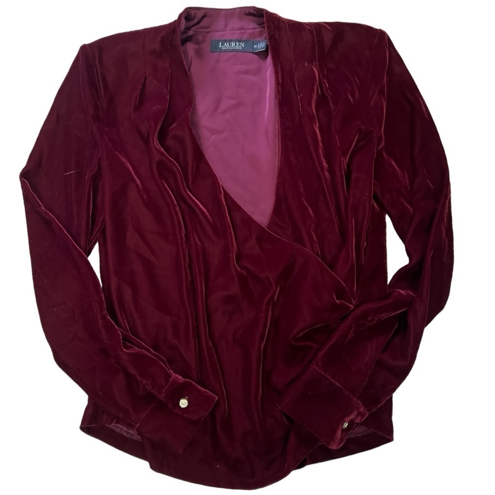 Lauren Ralph Lauren Black Label Pleated Velvet Surplice Blouse Wine Red Size 8